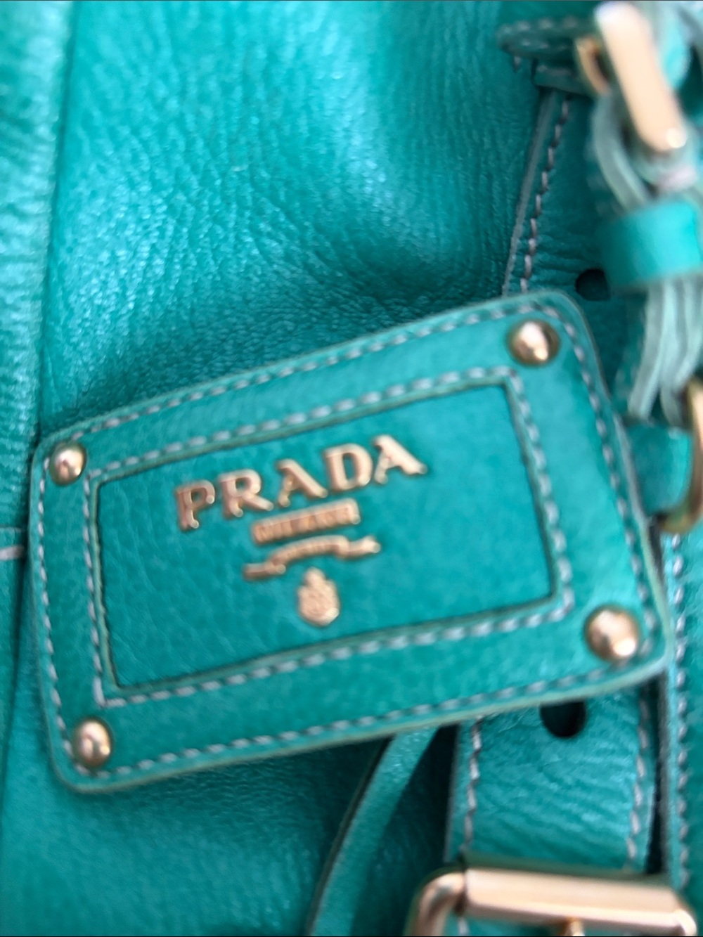 Prada Teal Green Pebbled Leather Shoulder Bag with Gold Hardware - Picture 2 of 5